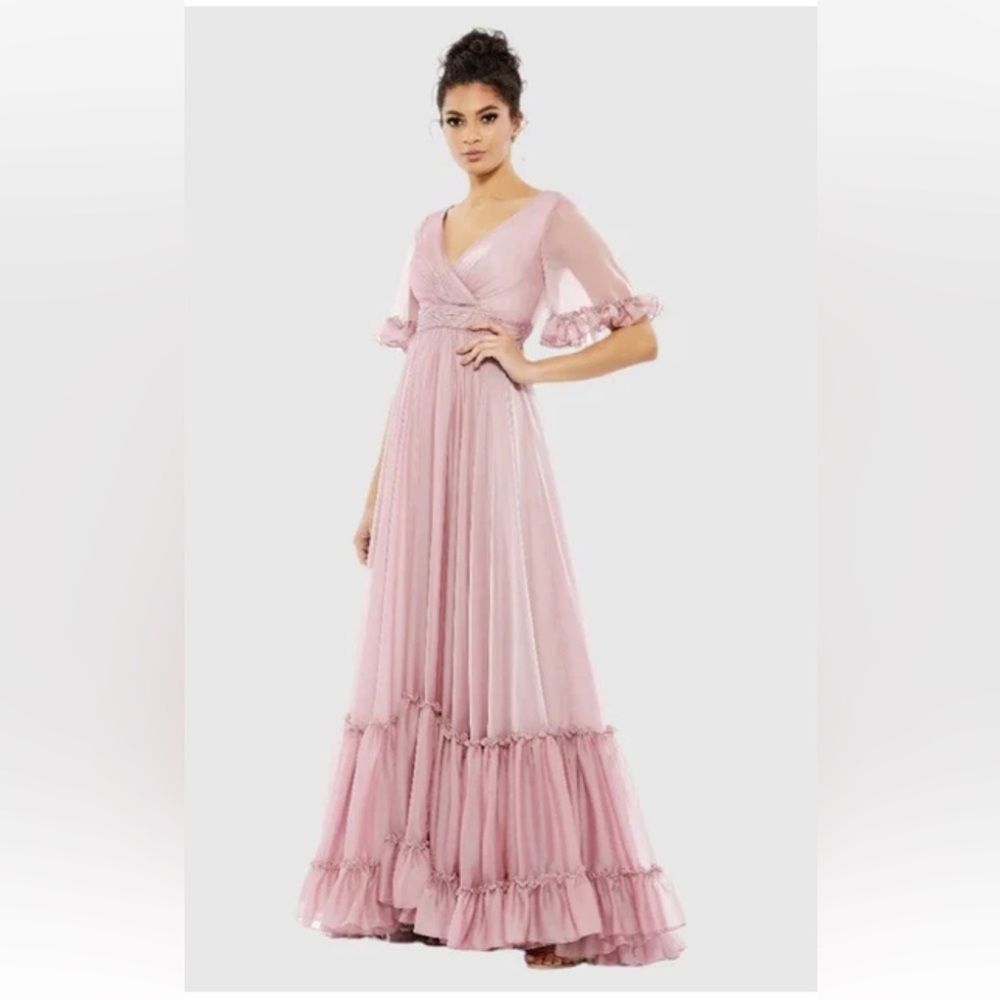 Mac Duggal Sz 4 Pink Ruffle Trimmed Sleeve Tiered Flowy Gown